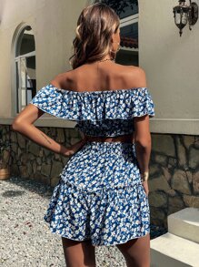 SHEIN Unity Allover Floral Print Off Shoulder Crop Top & Ruffle Hem Skirt