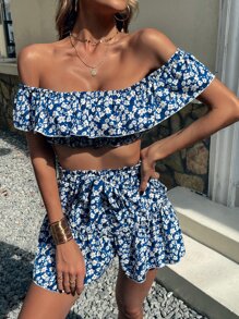 SHEIN Unity Allover Floral Print Off Shoulder Crop Top & Ruffle Hem Skirt