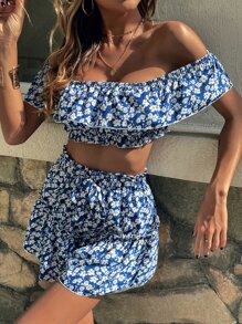 SHEIN Unity Allover Floral Print Off Shoulder Crop Top & Ruffle Hem Skirt