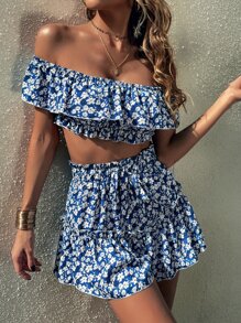 SHEIN Unity Allover Floral Print Off Shoulder Crop Top & Ruffle Hem Skirt