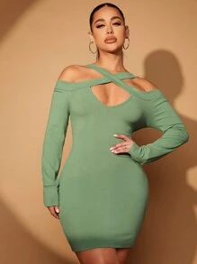 SHEIN SXY 十字交叉鏤空挖肩緊身洋裝 - 綠色 - 查看 1