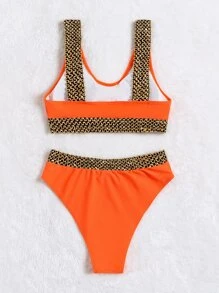 Bikini Con Cinta Con Estampado De Cadenas Para Playa De Verano - Naranja - Ver 2