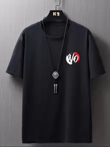 Manfinity 男士字母和筆刷圖案T恤 - 黑色 - 查看 1