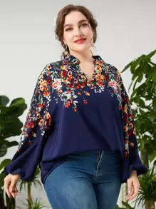Lacomfia Plus Random Floral Print Notched Neck Lantern Sleeve Blouse - Navy Blue - View 1