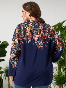 Lacomfia Plus Random Floral Print Notched Neck Lantern Sleeve Blouse - Navy Blue - View 2