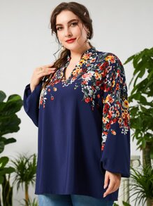 Lacomfia Plus Random Floral Print Notched Neck Lantern Sleeve Blouse - Navy Blue - View 3
