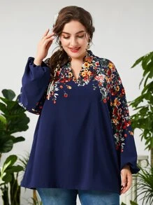 Lacomfia Plus Random Floral Print Notched Neck Lantern Sleeve Blouse - Navy Blue - View 4