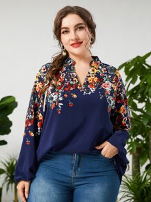Lacomfia Plus Random Floral Print Notched Neck Lantern Sleeve Blouse - Navy Blue - View 6