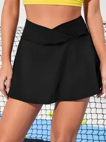 SHEIN Sports Breathable Softness Solid Sports Skort With Phone Pocket Tennis Skirt - Black - View 1