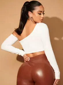 SHEIN SXY Asymmetrical Neck Crop Top - White - View 2