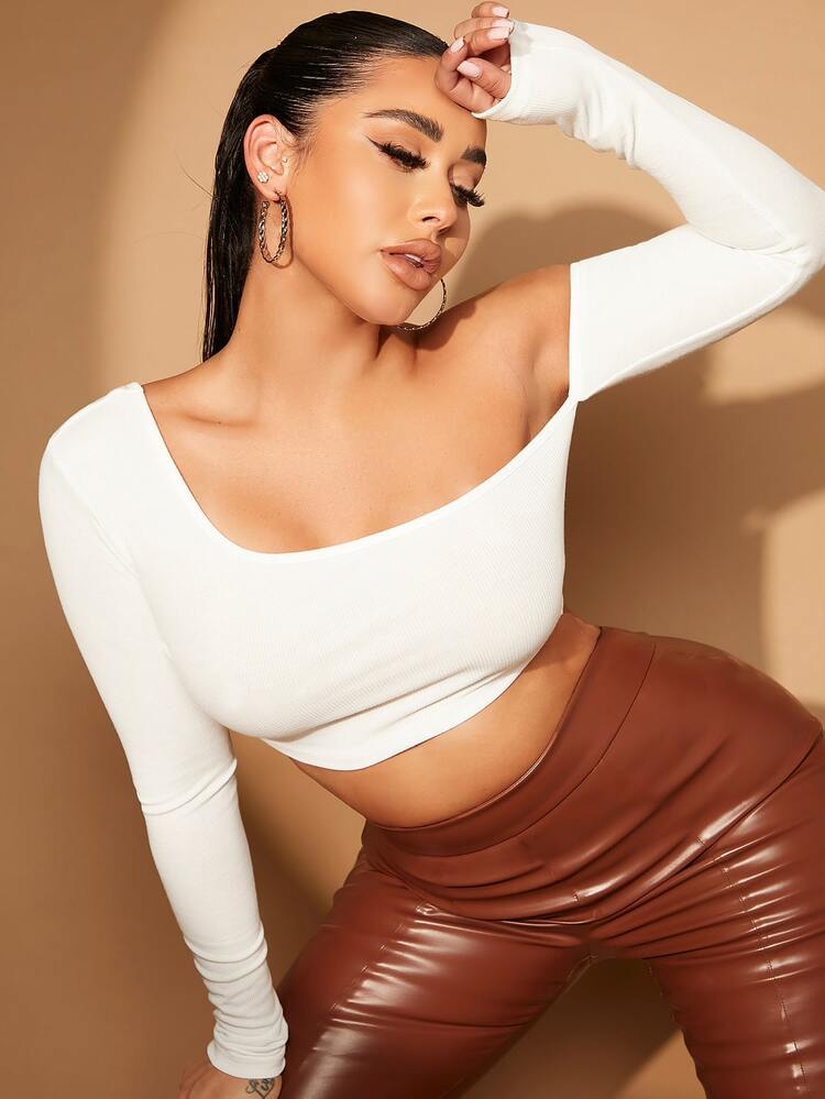 SHEIN SXY Asymmetrical Neck Crop Top - White - View 3