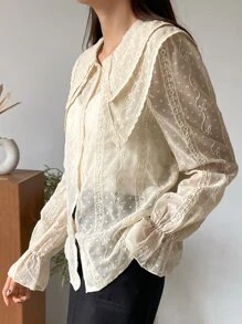 DAZY Swiss Dot Statement Collar Flounce Sleeve Blouse - Apricot - View 3