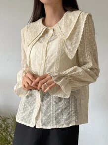 DAZY Swiss Dot Statement Collar Flounce Sleeve Blouse - Apricot - View 7