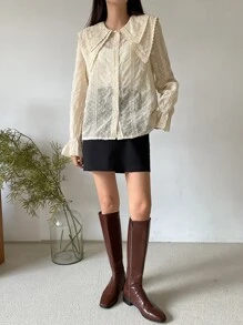 DAZY Swiss Dot Statement Collar Flounce Sleeve Blouse - Apricot - View 5