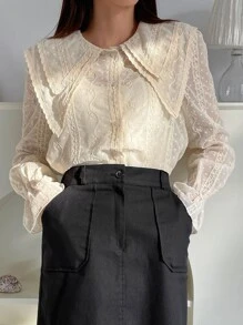 DAZY Swiss Dot Statement Collar Flounce Sleeve Blouse - Apricot - View 6