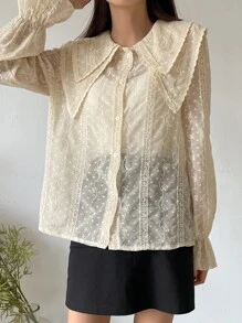 DAZY Swiss Dot Statement Collar Flounce Sleeve Blouse - Apricot - View 8