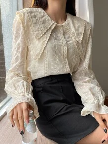 DAZY Swiss Dot Statement Collar Flounce Sleeve Blouse - Apricot - View 4