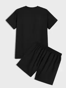 Aesthetic Post 男士字母圖案T恤和腰部抽繩短褲 - 黑色 - 查看 2