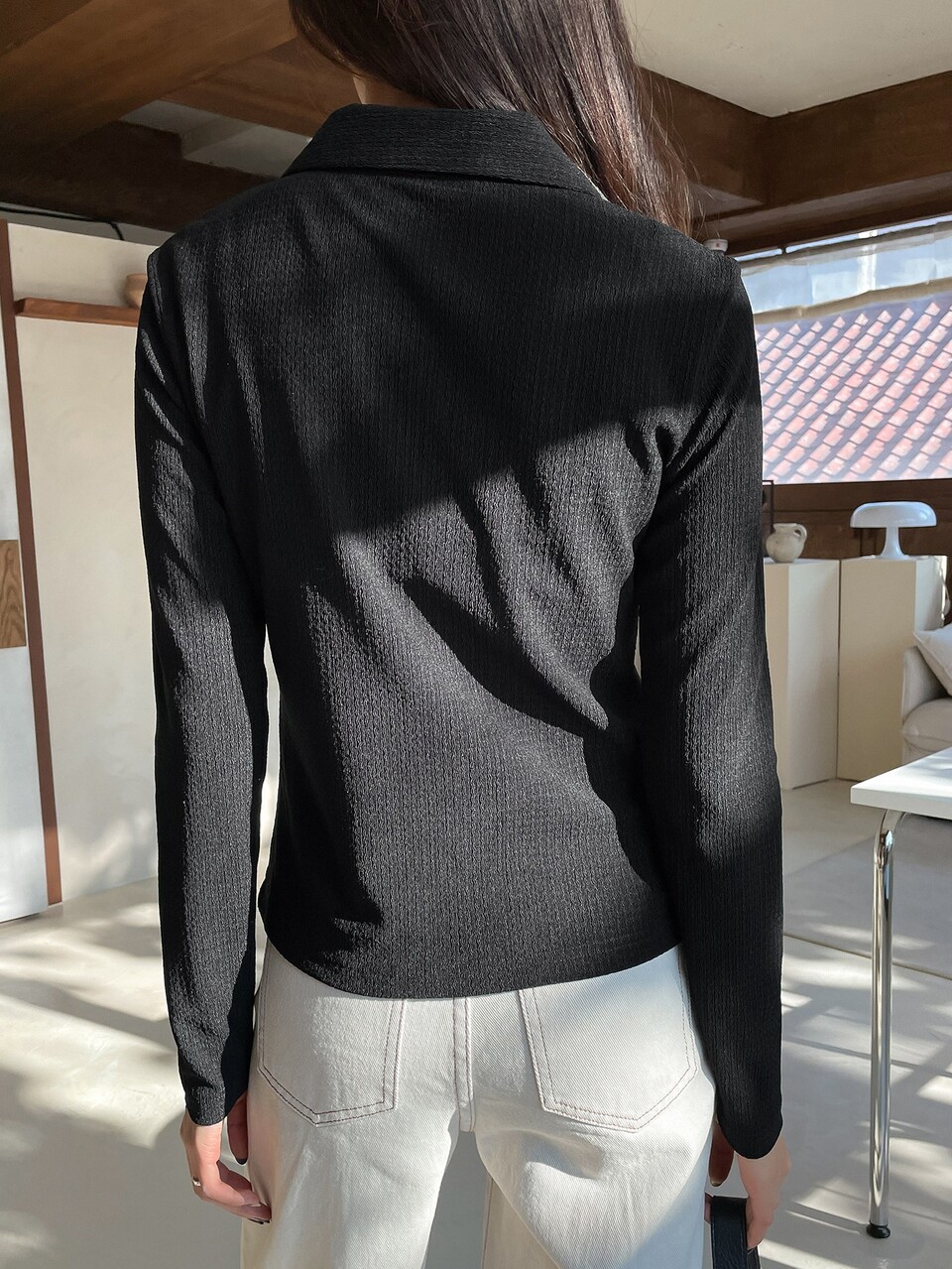Solid Button Through Textured Shirt Long Sleeve Women