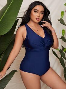 SHEIN Swim Curve Plus Size Solid Twist Bust One Piece Swimsuit Summer - Blue - View 3