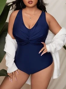 SHEIN Swim Curve Plus Size Solid Twist Bust One Piece Swimsuit Summer - Blue - View 4