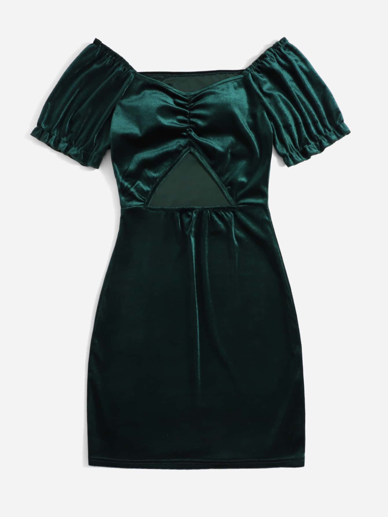 Our Solid Velvet Ruched Cut Out Puff Sleeve Dress is such a vibe - ROMWE