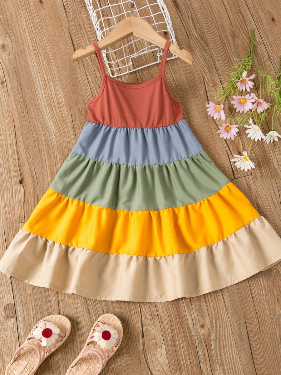 Toddler Girls Color Block Ruffle Hem Cami Dress