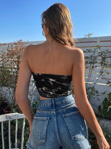 蝴蝶圖案鏈條細節方巾下擺露背短款絲絨掛脖上衣 - 黑色 - 查看 2