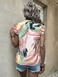 Brush Print Ruffle Trim Notched Neck Blouse - Multicolor - View 2