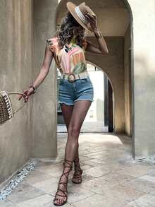 Brush Print Ruffle Trim Notched Neck Blouse - Multicolor - View 3