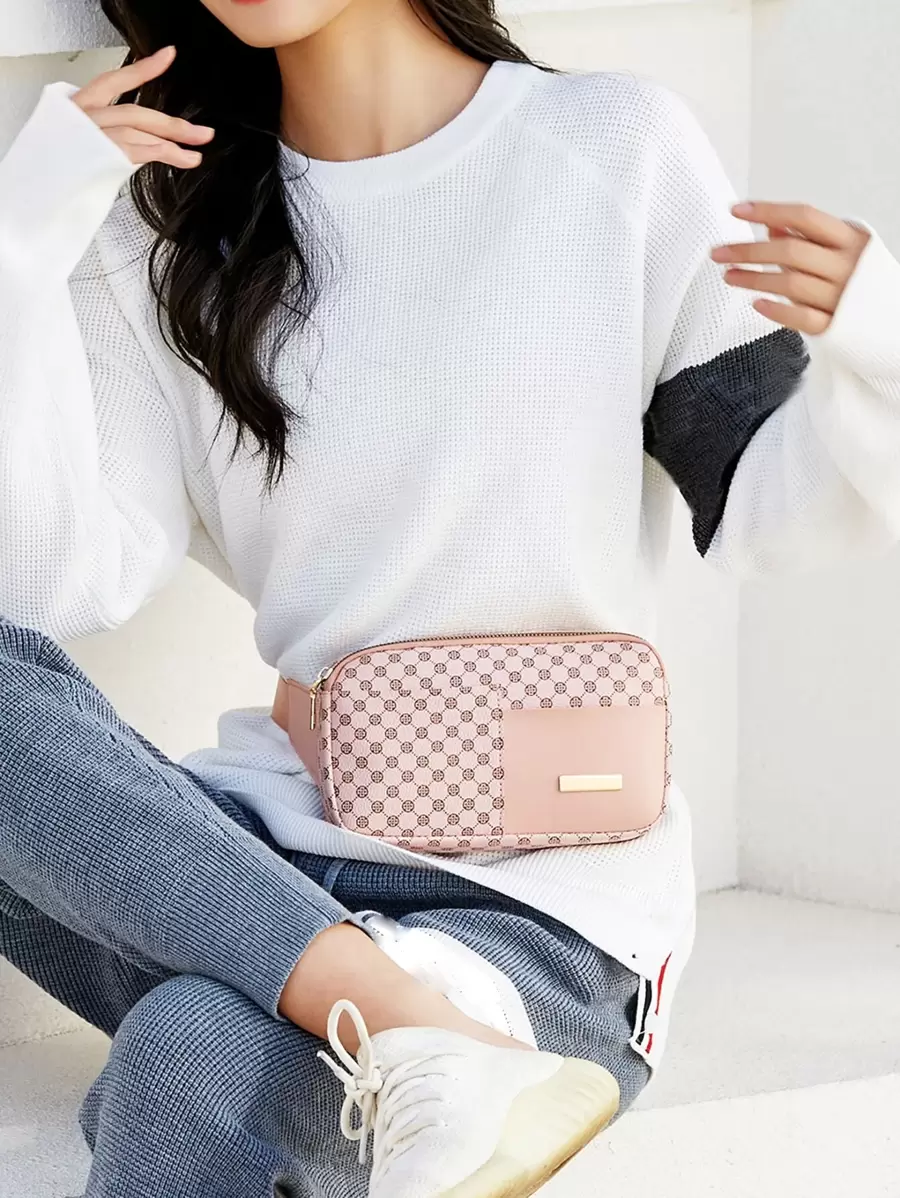 金屬裝飾花卉圖案腰包 - 粉色 - 查看 1