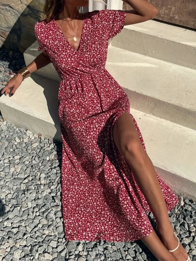 DitsyFloralPrintSurpliceNeckSplitThighDress