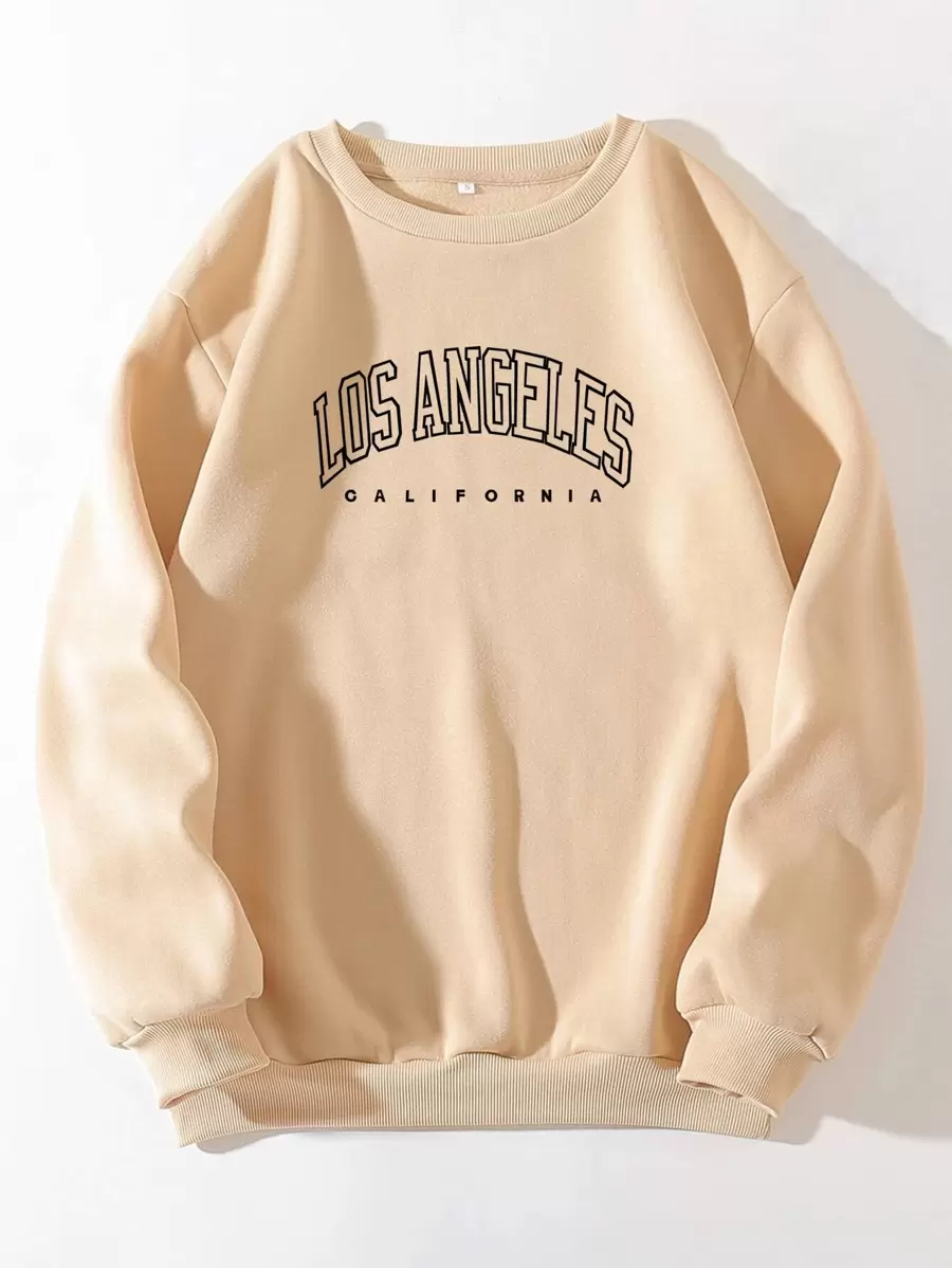SHEIN EZwear Áo nỉ Đồ họa Chữ cái Lót nhiệt - Màu be - Xem 1