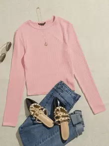 SHEIN Essnce Solid Rib-knit Crop Tee - Baby Pink - View 1
