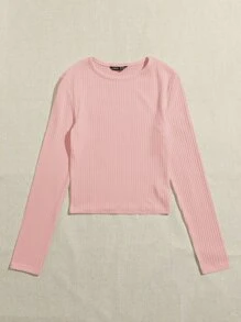 SHEIN Essnce Solid Rib-knit Crop Tee - Baby Pink - View 3