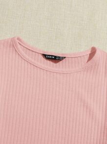 SHEIN Essnce Solid Rib-knit Crop Tee - Baby Pink - View 4