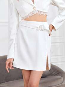 SHEIN Buckle Belted Slit Hem Skirt - White - View 3