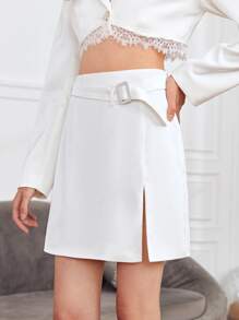 SHEIN Buckle Belted Slit Hem Skirt - White - View 4