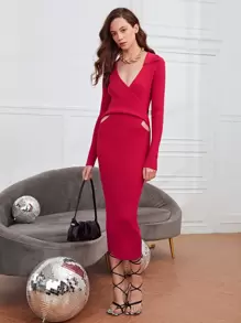 SHEIN Privé Surplice Neck Peekaboo Front Knit Dress - Red - View 3