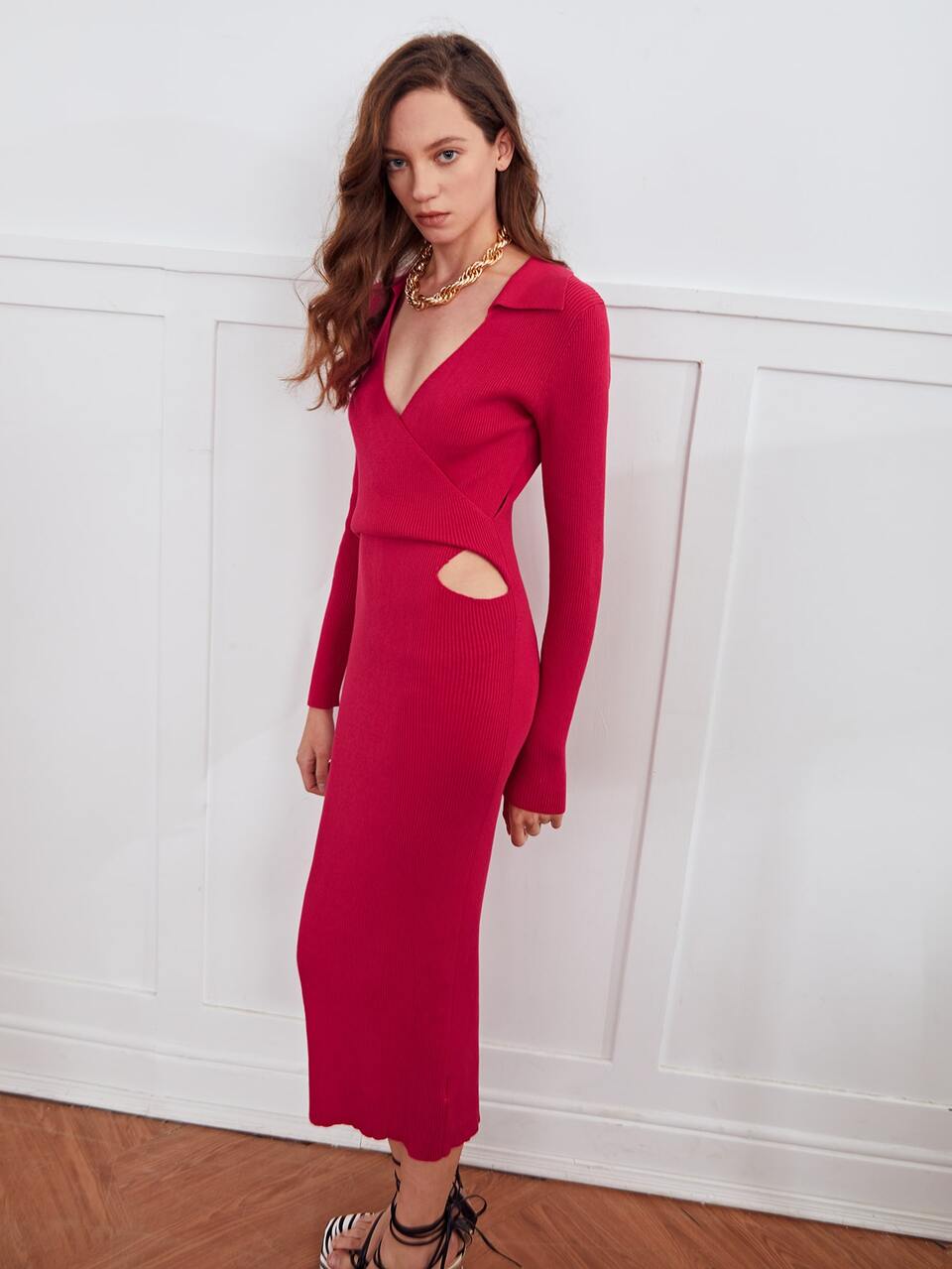 Surplice Neck Peekaboo Front Knit Dress