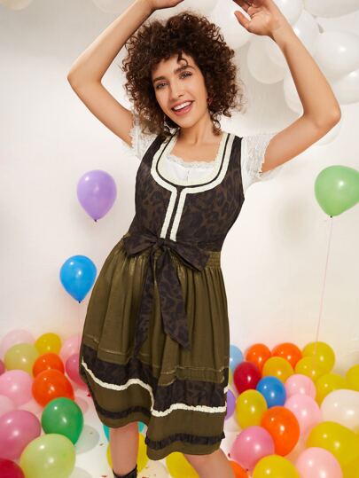 فستان بحزام طباعة الفهد خصر مدرز مزركش بدون لباس علوي