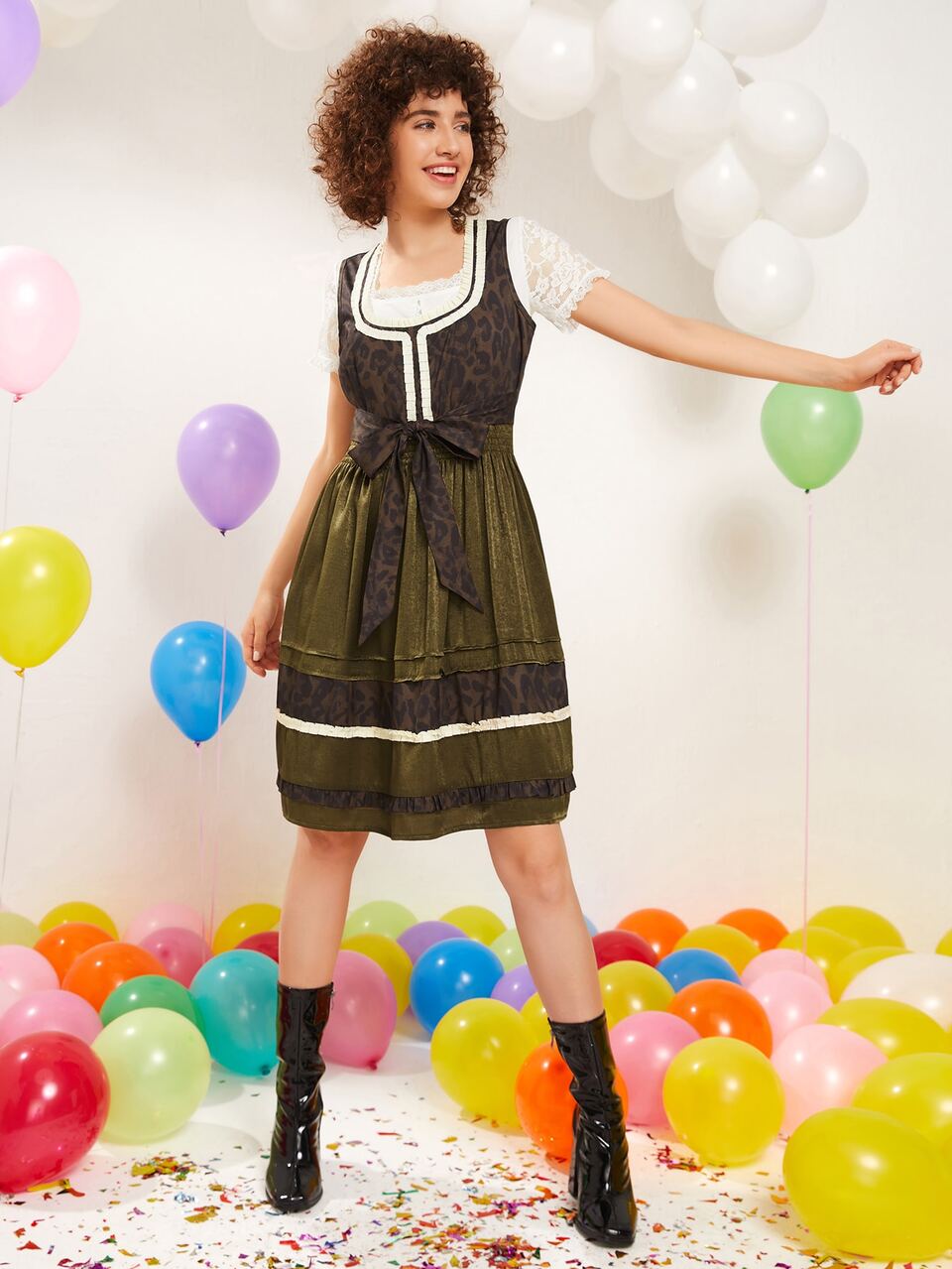 Leopard Print Shirred Waist Frilled Belted Dress Without Top