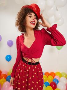 SHEIN Unity Áo nữ Dây kéo viền lá sen Xù màu trơn Giải trí - Đỏ - Xem 1