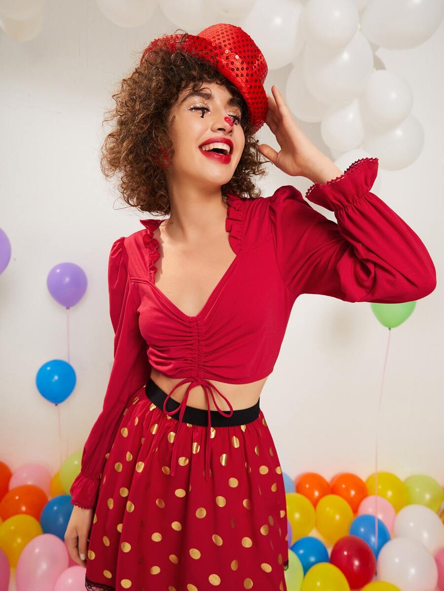 SHEIN Unity Áo nữ Dây kéo viền lá sen Xù màu trơn Giải trí - Đỏ - Xem 1