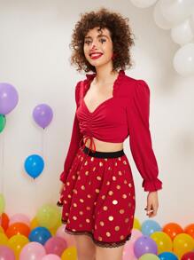 SHEIN Unity Áo nữ Dây kéo viền lá sen Xù màu trơn Giải trí - Đỏ - Xem 3