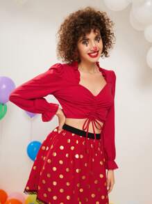 SHEIN Unity Áo nữ Dây kéo viền lá sen Xù màu trơn Giải trí - Đỏ - Xem 4