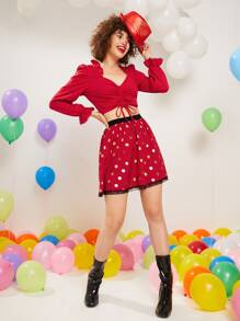 SHEIN Unity Áo nữ Dây kéo viền lá sen Xù màu trơn Giải trí - Đỏ - Xem 5