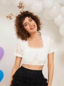 方領蕾絲拼接短款上衣 - 白色 - 查看 1