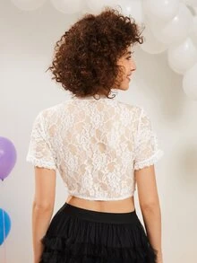 方領蕾絲拼接短款上衣 - 白色 - 查看 2