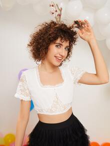 方領蕾絲拼接短款上衣 - 白色 - 查看 3